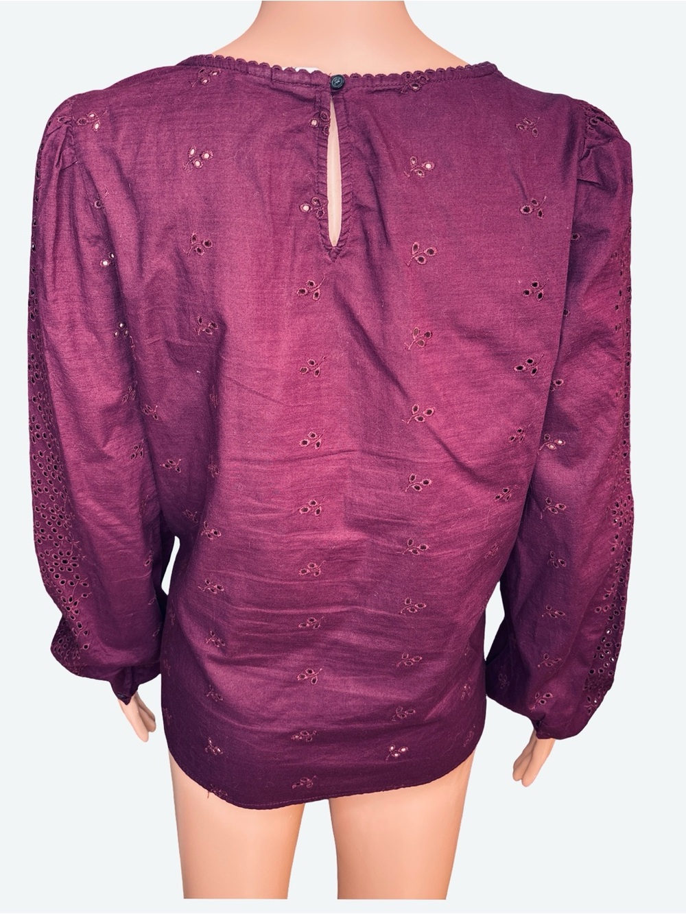 GAP Burgundy Eyelet Blouse Medium Cotton Long Sleeve - Picture 3 of 6